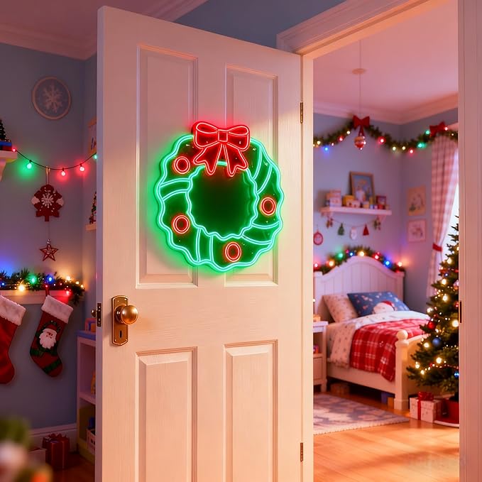 Christmas Cartoon wreath Neon Sign,USB Powered Neon Light Sign LED Signs for Wall Light Up Signs for Home Party,Bedroom,Dining Room,Living Room,Fireplace (And Christmas Mystery Blind Bag)