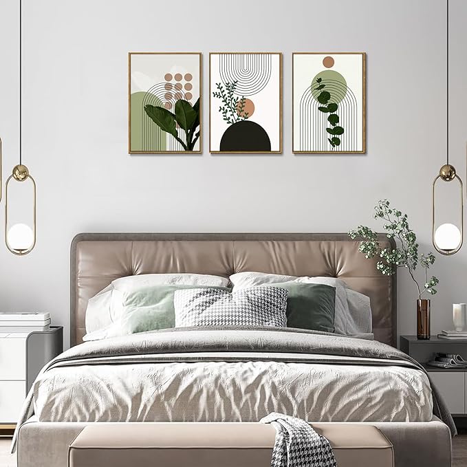 Bwodke Boho Wall Art, Framed Abstract Wall Art, Plant Canvas Wall Decor, Mid Century Line Leaf Geometric Pictures Set of 3, Minimalist Paintings, for Bedroom Living Room Bathroom 16"x24"