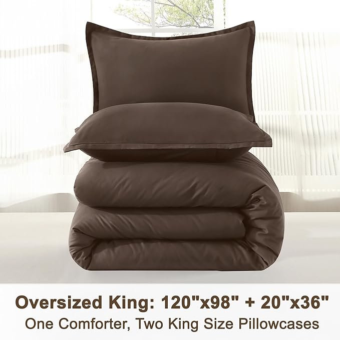 Litanika Comforters Chocolate Oversized King Size, 3 Pieces Lightweight Solid Bedding Set & Collections, All Season Fluffy Bed Set (120x98In Comforter & 2 Pillowcases)