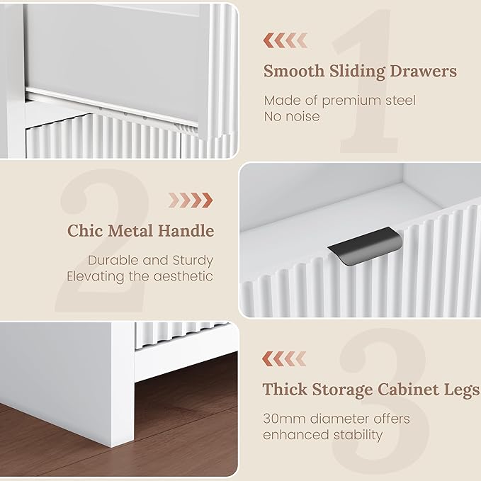 Fluted Sideboard Buffet Cabinet with Storage Drawers, 55" Large Accent Storage Cabinet with Doors and Adjustable Shelf, Modern Farmhouse Credenza for Entryway, Kitchen, Living Room - White