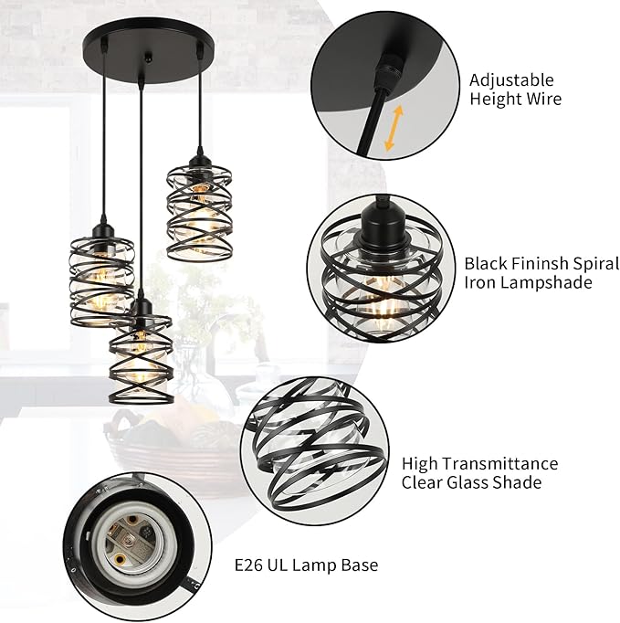 Pendant Lights Kitchen Island Black Pendant Light Fixtures 3-Light Spiral Iron Kitchen Island Lighting Adjustable Hanging Cluster Pendant Lighting for Dining Room with Clear Glass Shade