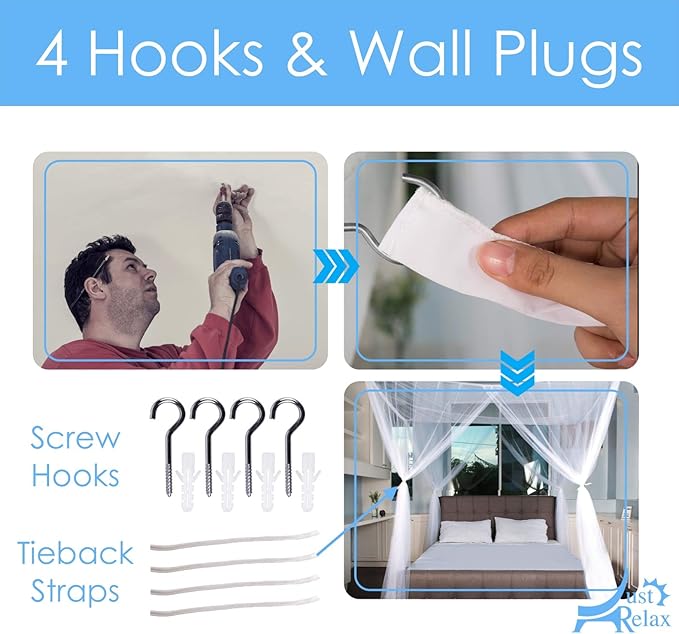 Just Relax Four Corner Post Decorative Elegant Bed Net Canopy Set, White, Full/Queen/King, 86.6x78.7x98.4 Inches