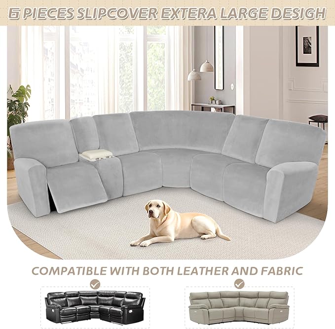 Arfntevss Sectional Recliner Couch Covers Velvet Washable Corner Sectional Sofa Cover for Reclining Stretch Soft Thick L Shape Recliner Slipcover Set (5 Seat with 1 Console Cover, Silvery Gray)