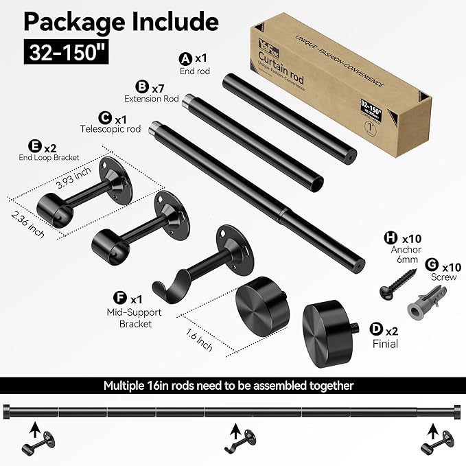 Heavy Duty Curtain Rod 32-150 Inch, 1 Inch Adjustable Curtain Rods for Windows, Extra Long Window Treatment Rods with Aluminium Finials, Easy Installation