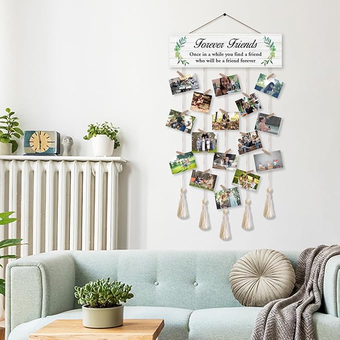 Forever Friends Hanging Photo Display Board with 16 Clips 5 Strings,Rustic Style Picture Collage Frames Wall Decor Wood Hanging for Home Dorm Décor,Housewarming Gifts for Friends Besties