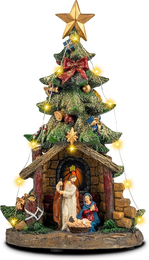 12'' Christmas Tree Lighted Manger Nativity Scene, Musical Holy Family Collectible Buildings Figurines LED Light Play Silent Night Music, Holiday Decorations Gifts for Family or Friends