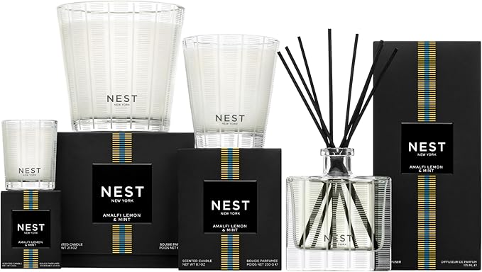 NEST New York Reed Diffuser, Amalfi Lemon & Mint - 5.9 fl oz - Fragrance for Up to 90 Days - Reusable, Refillable Glass Holder - Includes 8 All-Natural Reed Sticks - Flame Free
