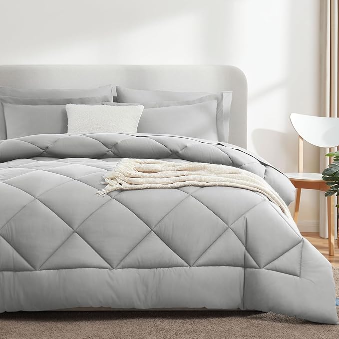 CozyLux King Size Comforter Set Light Grey - 7 Pieces Bed in a Bag King, Luxury Soft Bed Set for All Seasons, Bedding Set with Down Alternative Comforter, Sheets, Pillowcases & Shams