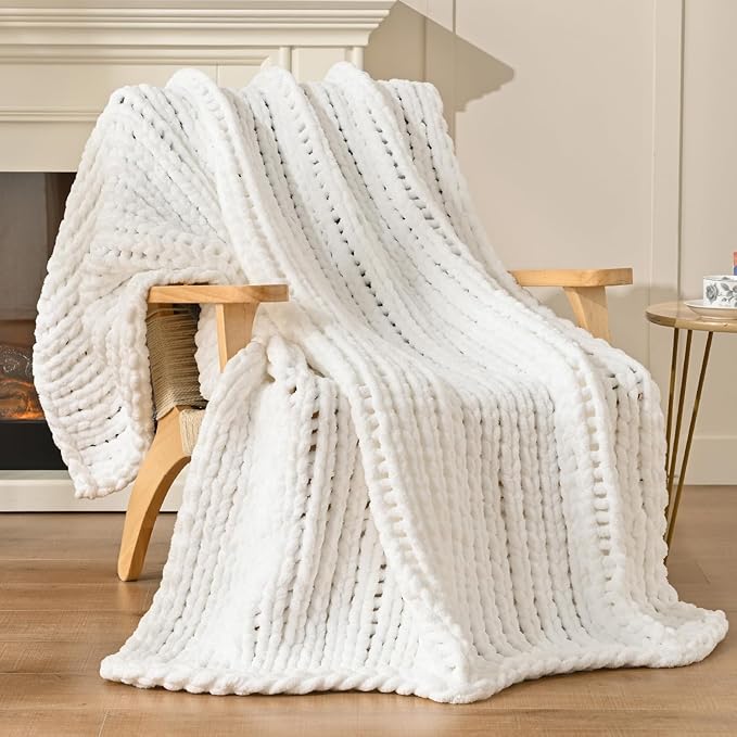 Esterra 100% Hand Knitted Chenille Throw Blanket, 50"x60", White, Polyester, Chunky Knit, Throw Blanket, 50x60 Inches