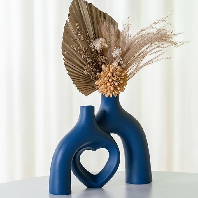 Snuggle Hollow Ceramic Decorative Vase, Modern Minimalist Nordic Boho Ins Style Vases for Home Decor Living Room Shelf Entryway Coffee Table or Console Décor (Matte Navy Blue)