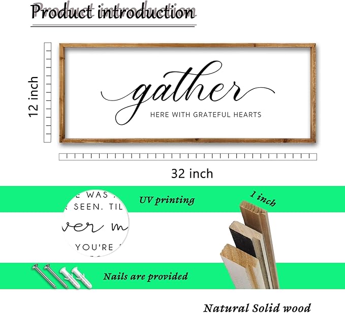 ZZJJHYWGQ Gather Here With Grateful Hearts Sign Rustic Farmhouse Wall Art 32"×12" For Dining Room kitchen Family Gathering Thanksgiving Decor Minimalist Large Wooden Framed Hanging Art (Wood)