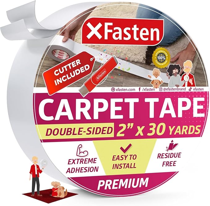 XFasten Double Sided Carpet Tape for Area Rugs 2 Inch x 30 Yards w/Mini Cutter, Residue-Free Carpet Tiles Tape, Heavy-Duty Rug Pad Gripper for Hardwood, Vinyl Flooring Underlayments, Laminate