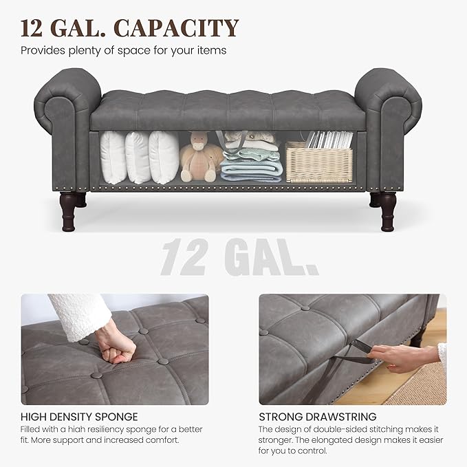 Storage Bench for Bedroom, 51" Full Queen Storage Bench, Upholstered Bedroom Bench with Rolled Arms and Vintage Rivets for Living Room, Storage Room, Entryway, Gray