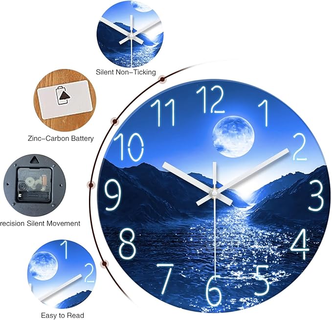 XFM Blue Moon Wall Clock Battery Operated 12 Inch Modern Silent Non Ticking Clock Decorative Wall Clocks for Kitchen Living Room Bedroom