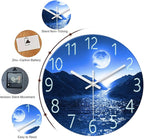 XFM Blue Moon Wall Clock Battery Operated 24 Inch Modern Silent Non Ticking Large Decorative Wall Clocks for Kitchen Living Room Bedroom