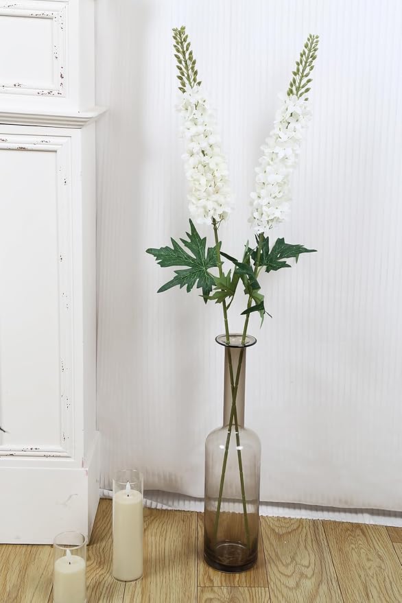 White Delphinium Artificial Flowers,6PCS Larkspur Silk Fake Flowers 29.5" Long Stem Faux Hyacinth Flowers for Tall Vase Wedding Home Garden Decor (White)