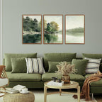 KAIRNE Framed Nature Canvas Wall Art Set,Misty Forest Wall Decor,Green Mountain Forest Pictures,Lake Water Painting set of 3(16”x24”),Landscape Scene Print for Living Room, Bedroom,Gallery Decor