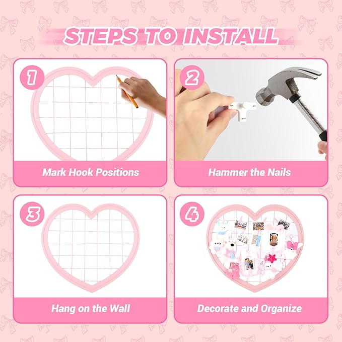 Pink Preppy Coquette Room Decor, Heart Shape Wire Wall Grid Panel for Photo Display Board and Wall Storage Organizer, Wall Decor for Teen Girls and Women Home Bedroom Living Room and Dorm