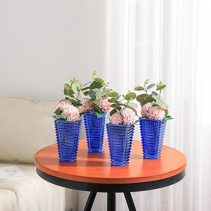 MCMCNCUIU Crystal Vases Set of 4, Blue Glass Vases, Crystal Vase for Centerpieces, Modern Flower Vase for Living Room, Bedroom, Kitchen, Dining Table, Shelf, Wedding, 6 Inches