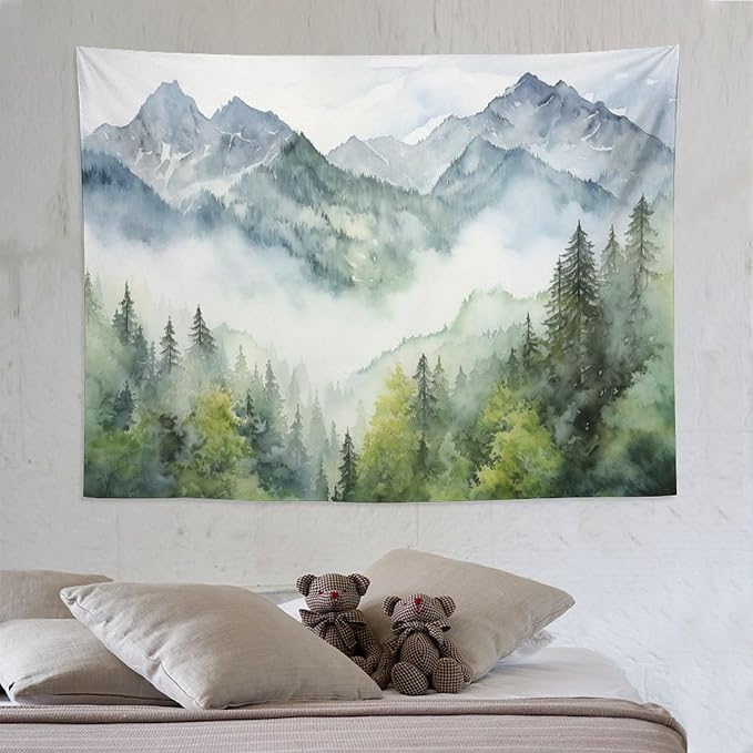 HZOHNAGO Mountain Tapestry Misty Green Forest Mountain Pattern Printed Wall Tapestry Wall Hanging for Bedroom Living Room Dorm 80" W x 60" H
