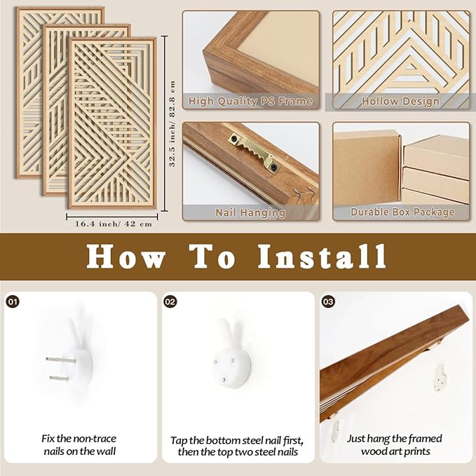 IARTTOP 3 Pieces Wood Boho Wall Art Framed Mid century Modern Wooden Wall Decor Large Minimalist Geometric Line Decor for Living Room Bedroom Office-16 x32