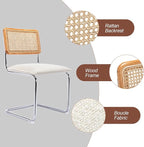 Mid Century Modern Rattan Dining Chairs Set of 2, Boucle Kitchen Chairs with Handwoven Mesh Rattan Backrest and Metal Legs, Upholstered Accent Side Chairs, White