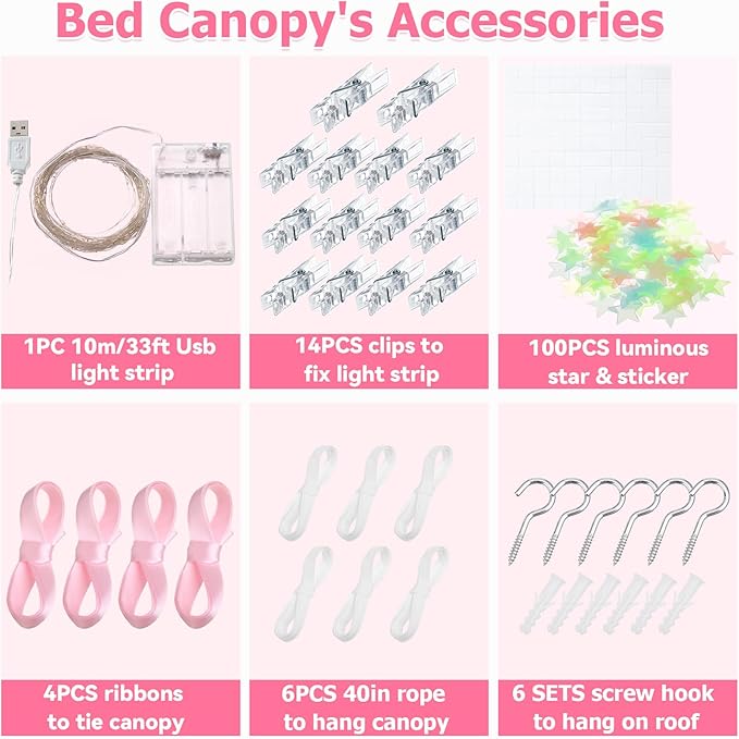 Full Size Bed Canopy with Lights, Bed Canopy for Girls Princess with Luminous Stars, Canopy Bed Curtains for Full Bed Kids Indoor Decor Bedroom, 4 Corner Post Bunk Bed for Student Dormitory, Blue&Pink