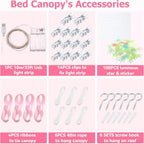 Full Size Bed Canopy with Lights, Bed Canopy for Girls Princess with Luminous Stars, Canopy Bed Curtains for Full Bed Kids Indoor Decor Bedroom, 4 Corner Post Bunk Bed for Student Dormitory, Blue&Pink