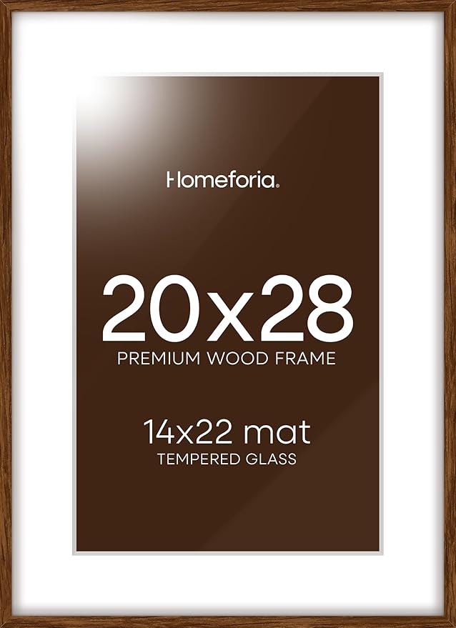 Homeforia 20x28 Picture Frame Brown, High End Dark Oak 20x28 Walnut Wooden Poster Frames with Mat 14x22, 20 x 28 Wood Frame Matted to 14 by 22, 28x20 Hanging Frames, Tempered Glass, Wall Kit, Set of 1