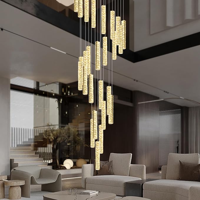 Large Spiral Stair Chandeliers for High Ceilings Long Crystal Chandelier for Foyer LED Dimmable 36-Light Gold 150 Inches High