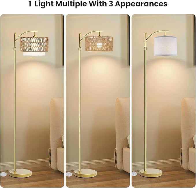 Arc Floor Lamp for Living Room,Gold Floor Lamps with Remote Control & Dimmable Bulb,Rattan Boho Tall Standing Lamp for Bedroom Office