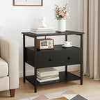 27 Inch Wide Night Stand with Charging Station, Wood Nightstand with Open Shelf, Large Drawer Bedside Table for Living Room/Bedroom/Office (Black)