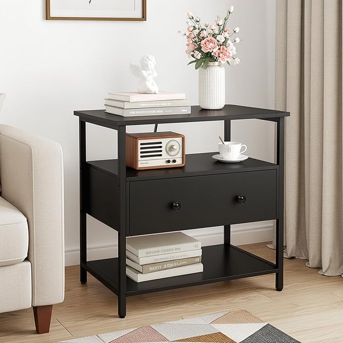 27 Inch Wide Night Stand Set 2 with Charging Station, Wood Nightstand with Open Shelf, Large Drawer Bedside Table for Living Room/Bedroom/Office (Black)