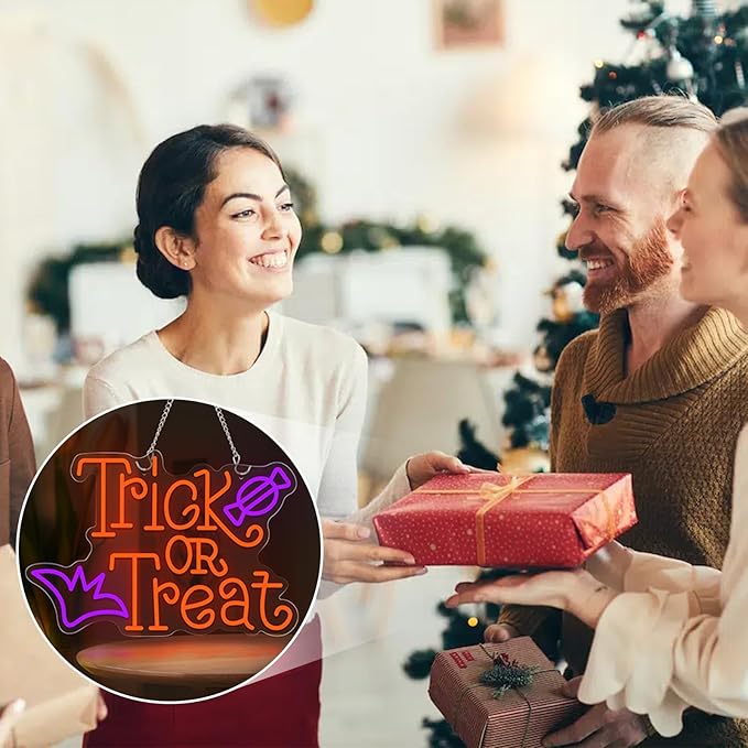Trick or Treat Neon Sign for Wall Decor Dimmable LED Neon Halloween Light for Wall Decor, LED Halloween Light Up Sign Decor for Wall Bedroom Home Bar Halloween Party Decor Halloween Present for Trick or Treat Party Backdrop