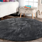 Latepis Dark Grey Round Area Rugs 8 ft Large Faux Sheepskin Fur Fluffy Washable Rug for Living Room Shag Soft Shaggy Rug for Bedroom Accent Room Carpet