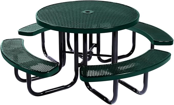 Coated Outdoor Furniture Heavy-Duty Portable Outdoor Picnic Table with Umbrella Hole, Punched Steel Commercial-Grade Patio Dining Furniture Made in America (46" Round Top, Dark Green)
