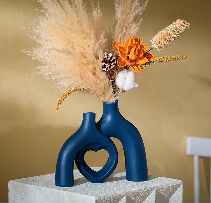 Snuggle Hollow Ceramic Decorative Vase, Modern Minimalist Nordic Boho Ins Style Vases for Home Decor Living Room Shelf Entryway Coffee Table or Console Décor (Matte Navy Blue)