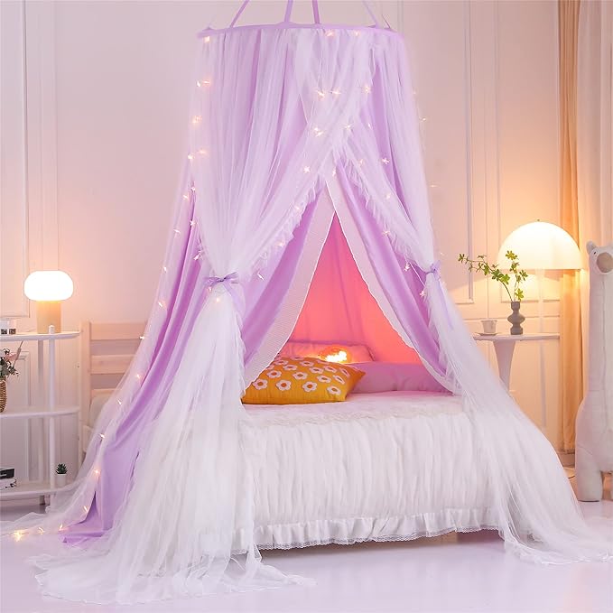 VETHIN Double Layer Princess Round Dome Canopy Bed Curtain for Girls Adults,Children Dreamy Mosquito Net,Cute Bedroom Decoration Castle Play Tent Reading Nook Canopies(Dome-Purple/White)