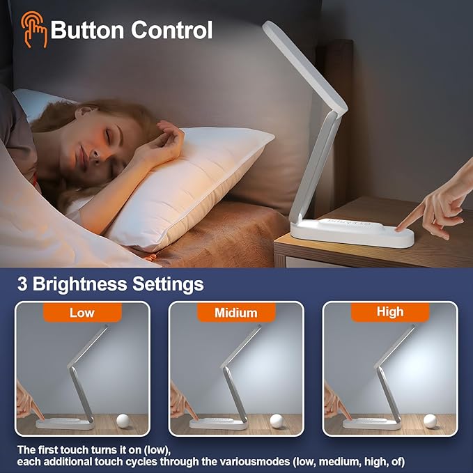 LED Desk Lamp for Office Home & Battery Operated Lamp Rechargeable Lamp Foldable & Portable Light, LED Desk Light Strip, 3 Brightness Dimmable Small Desk Lamp Wireless Reading Lamp (White)
