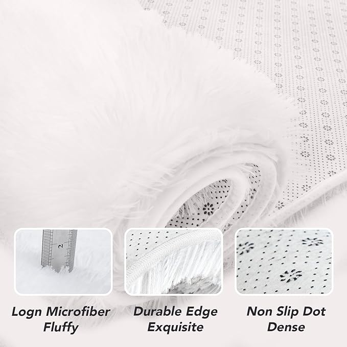 Fluffy Area Rug for Bedroom: White Plush Soft Bedside Dorm Area Rug - Small Carpets for Bedroom Kids Room Nursery (White, 3x5Feet)