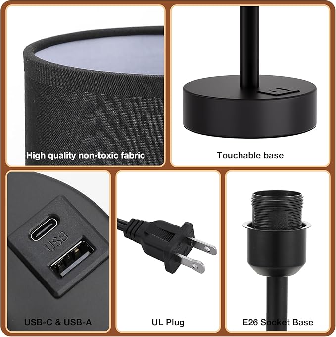 Black Touch Bedroom Lamp with USB - 3 Way Dimmable Table Lamp for Bedroom, Nightstand Lamp with Black Charging Station for Desk Dorm, Office, Boy Kids Room, Small