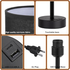 Black Touch Bedroom Lamp with USB - 3 Way Dimmable Table Lamp for Bedroom, Nightstand Lamp with Black Charging Station for Desk Dorm, Office, Boy Kids Room, Small