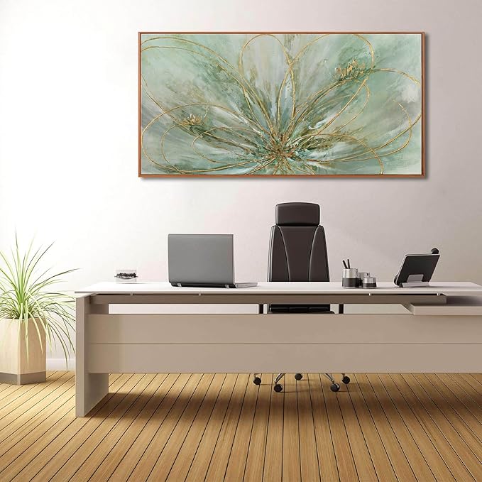 YJYart Green Abstract Canvas Artwork Flowers Wall Decor for Office Line Art Painting 24"x 48" Pictures for Bedroom Dining Room Neutral Wall Art
