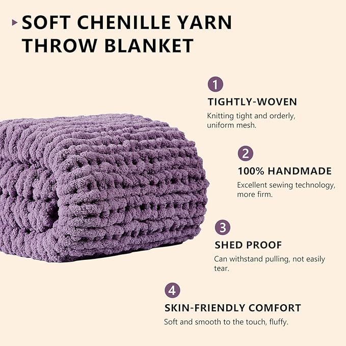 L'AGRATY Chunky Knit Blanket Throw: 50''x60'' Chenille Chunky Knitted Throw Blanket for Bed Couch - Handmade Thick Big Cable Knit Blanket - Large Crochet Rope Blanket for Home Decor(Deep Purple)