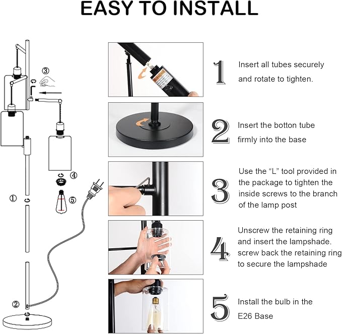 Airposta Industrial Floor Lamp with On/Off Dimmable Switch, 3-Head Rustic Tree Standing Lamp, Edison Bulb 40W Retro Tall Glass Floor Light for Living Room, Reading, Office, Bedroom, Black