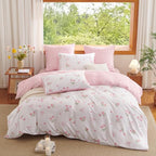 Floral Comforter Set King Size - 3 Pieces Pink White Floral Tulips Bow Comforter Bedding Sets Reversible Pattern,King Bed in a Bag with Flowers Comforter and 2 Pillowcases