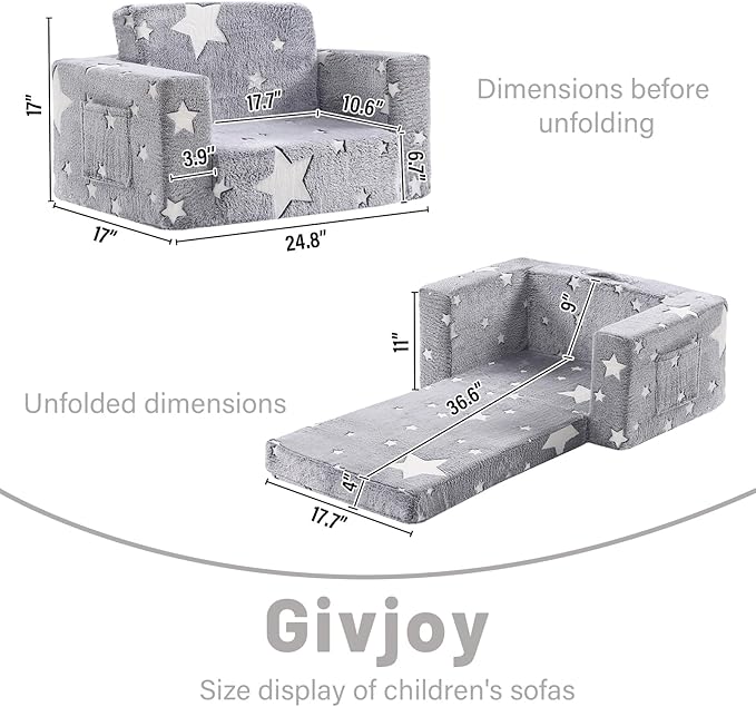 Toddler Chair Plush Kids Couch, 2-in-1 Comfy Armchair Removable and Washable Cover Carrying Handle, Convertible Reading Chair Toddler Couch for Girls and Boys, Glow in The Dark Grey Star