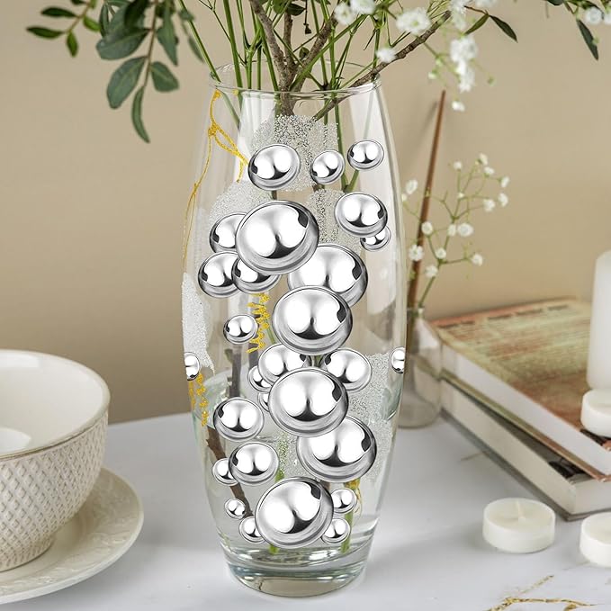 200PCS Silver Faux Pearls Beads for Centerpiece Vases, Vase Filler Faux Pearls, No Holes Filler Beads for Party Anniversary Birthday Wedding Table Decor, 10/14/20/30mm