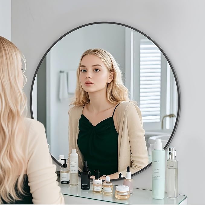 BEAUTYPEAK 40 Inch Round Mirror, Metal Frame Circle Mirror, Wall Mounted for Entryway, Bathroom, Vanity, Living Room, Black