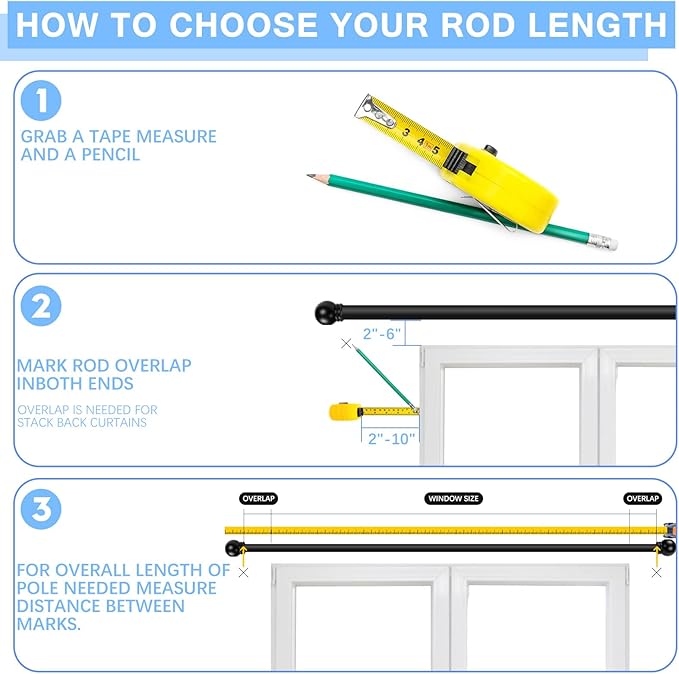 Curtain Rods for Windows 16 to 76 Inches, Curtain Rod Max Adjustable Length of 88 IN, 1" Diameter Drapery Rods Round Finials, Black, Pack of 1